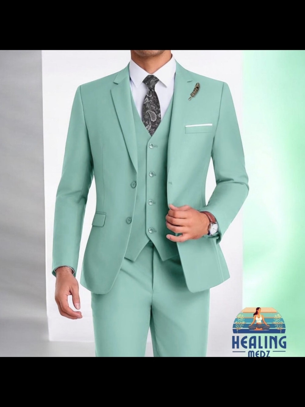 Men's Large Mint Green Suit Groomsmen Suit Slim Fit 3 Pieces Suit